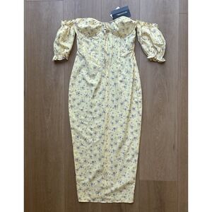 Pretty Little Thing Midi Corset Dress Puff Sleeve Lemon Floral Print Sz 6 Yellow